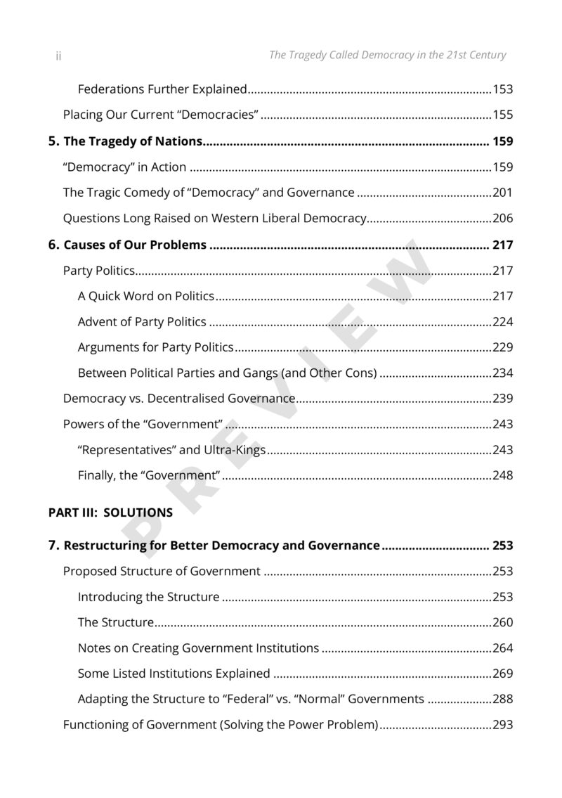 Preview of the table of content of the book The Tragedy Called Democracy in the 21st Century